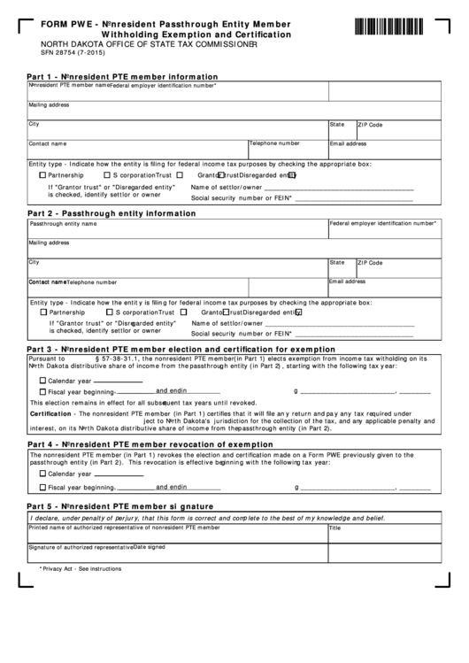 Fillable Form Pwe - Nonresident Passthrough Entity Member Withholding Exemption And Certification Printable pdf