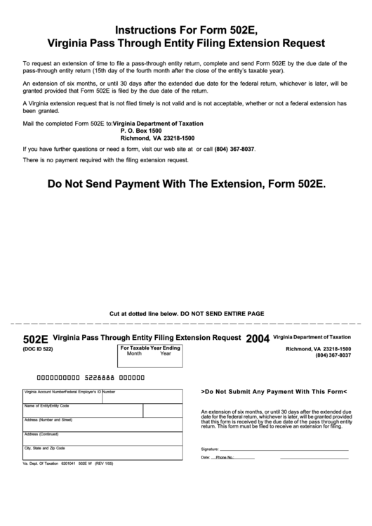 Form 502e - Virginia Pass Through Entity Filing Extension Request - 2004 Printable pdf