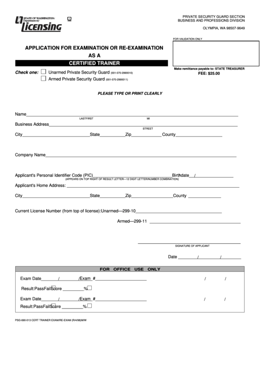Form Psg-690-013 - Application For Examination Or Re-Examination As A Certified Trainer - State Of Washington Printable pdf