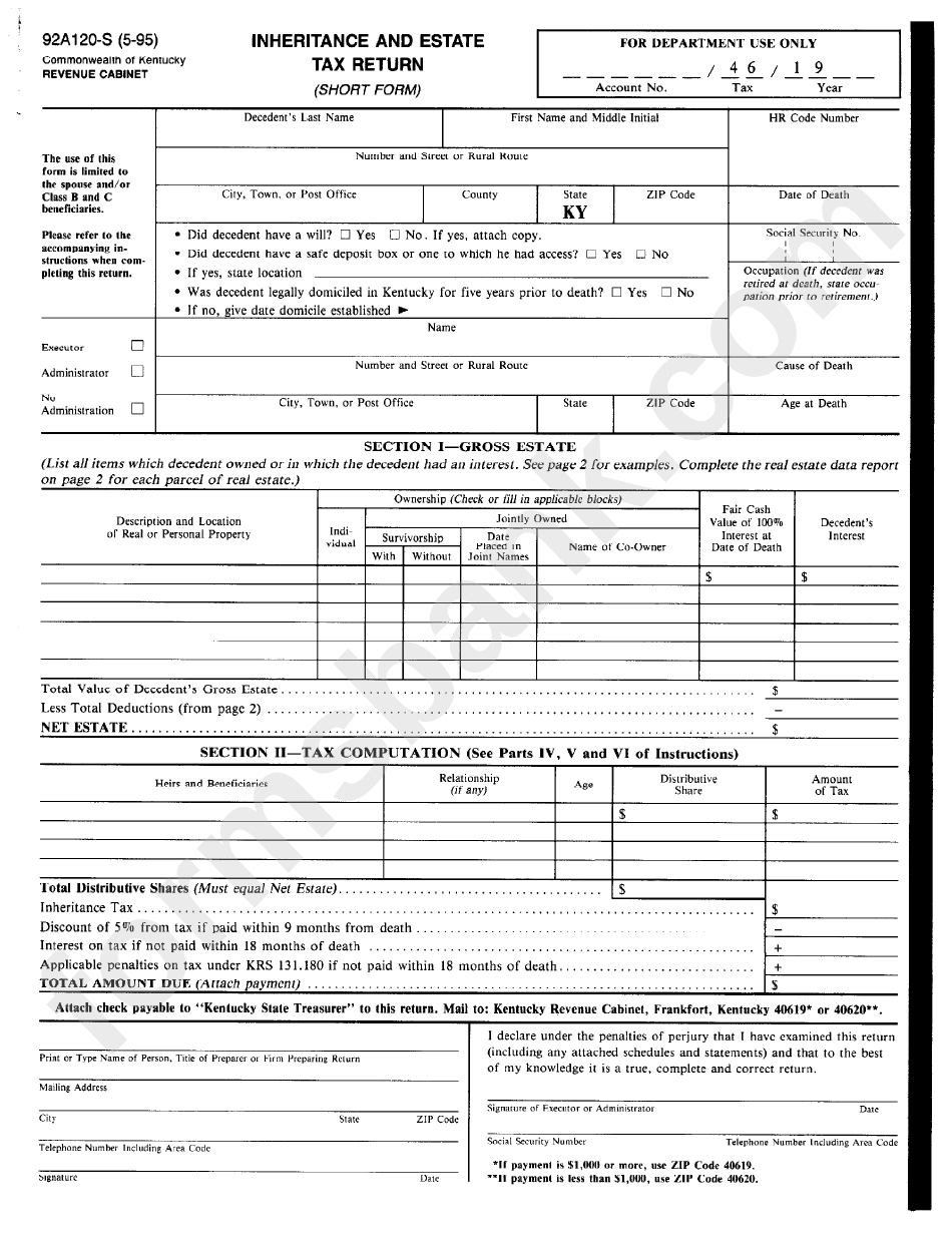 Form 92a120-S (5-95) - Inheritance And Estate Tax Return