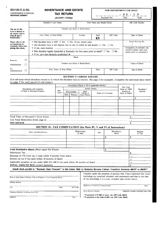 Form 92a120-S (5-95) - Inheritance And Estate Tax Return Printable pdf