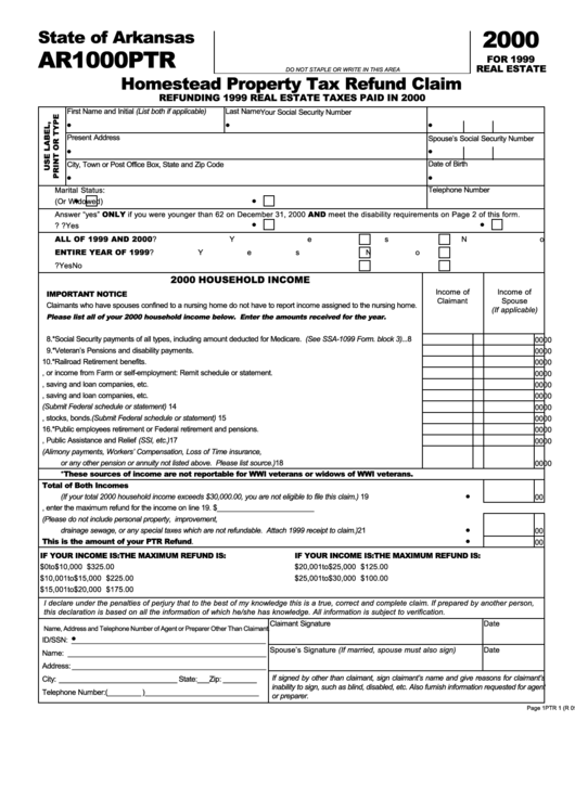 Form Ar1000ptr - Homestead Property Tax Refund Claim - 2000 Printable pdf