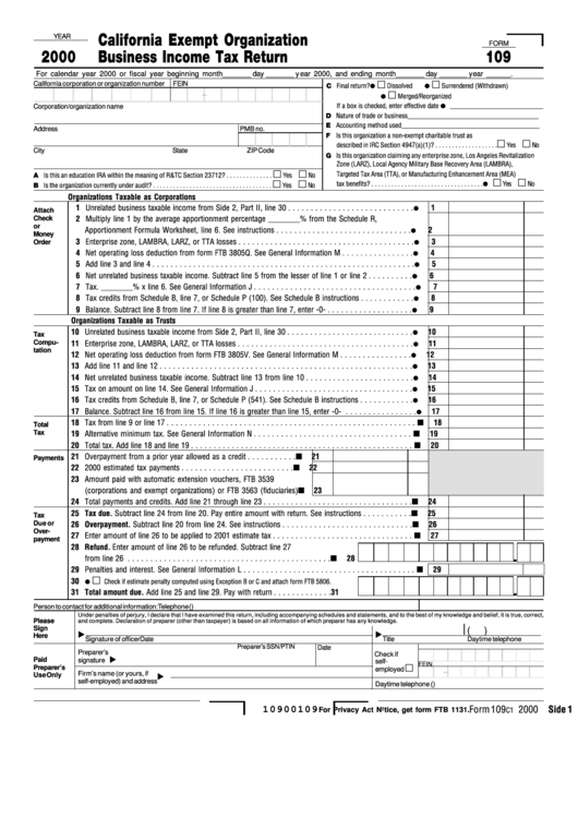 Form 109 - California Exempt Organization Business Income Tax Return - 2000 Printable pdf