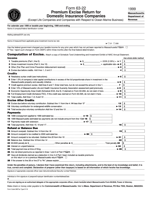 Form 63-22 - Premium Excise Return For Domestic Insurance Companies - 1999 Printable pdf