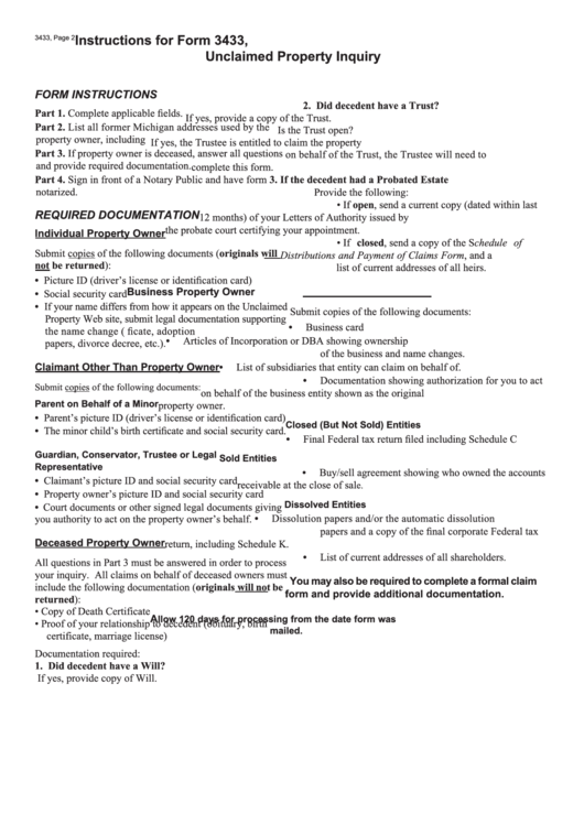 Instructions For Form 3433 - Unclaimed Property Inquiry printable pdf download