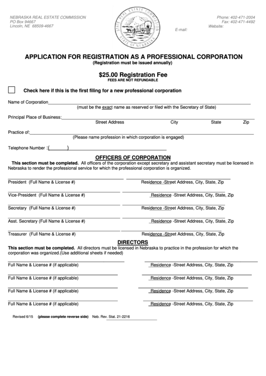 Application For Registration As A Professional Corporation - Nebraska Real Estate Commission - 2015 Printable pdf