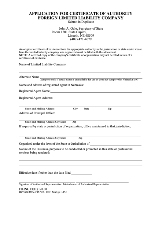 Fillable Application Form For Certificate Of Authority Foreign Limited Liability Company - Sate Of Nebraska Printable pdf