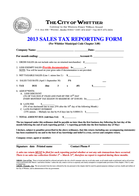2013 Sales Tax Reporting Form - City Of Whittier Printable pdf