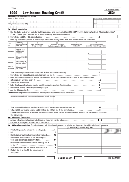 California Form 3521 - Low-Income Housing Credit - 1999 Printable pdf