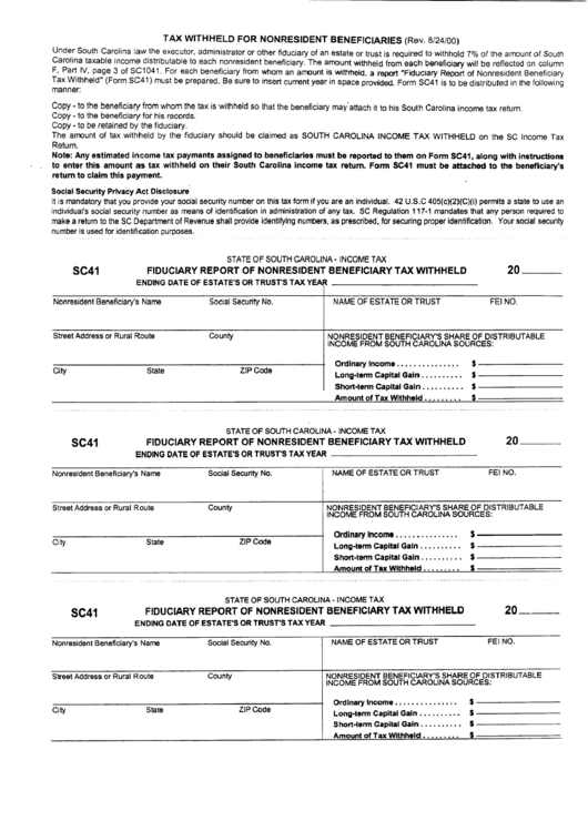 Form Sc41 - Tax Withheld For Nonresident Beneficiaries Printable pdf