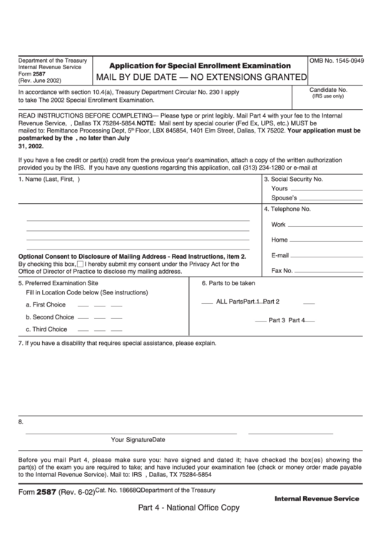 Form 2587 - Application For Special Enrollment Examination - 2002 Printable pdf