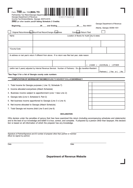 Georgia Form 700 - Partnership Tax Return - 2002 Printable pdf