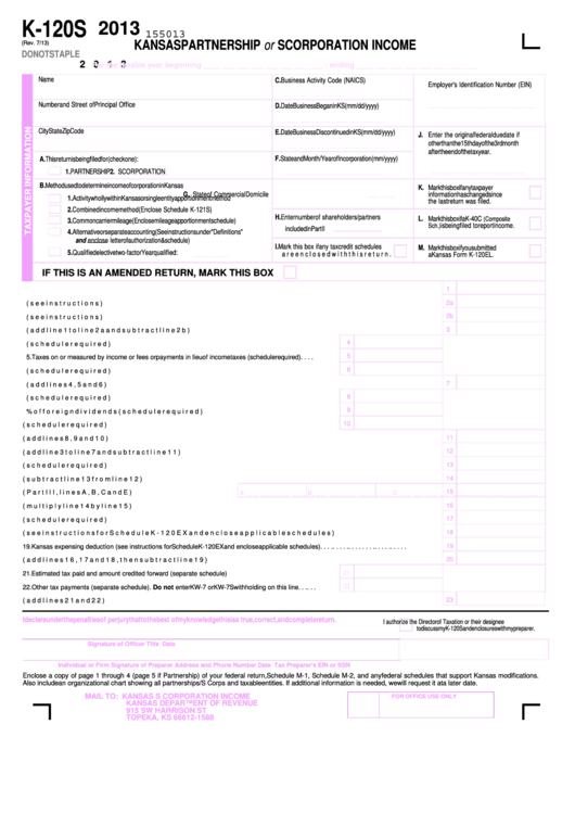 Fillable Form K-120s - Kansas Partnership Or S Corporation Income - 2013 Printable pdf