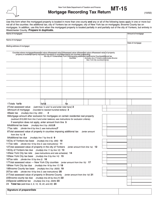 Form Mt-15 - Mortgage Recording Tax Return Printable pdf