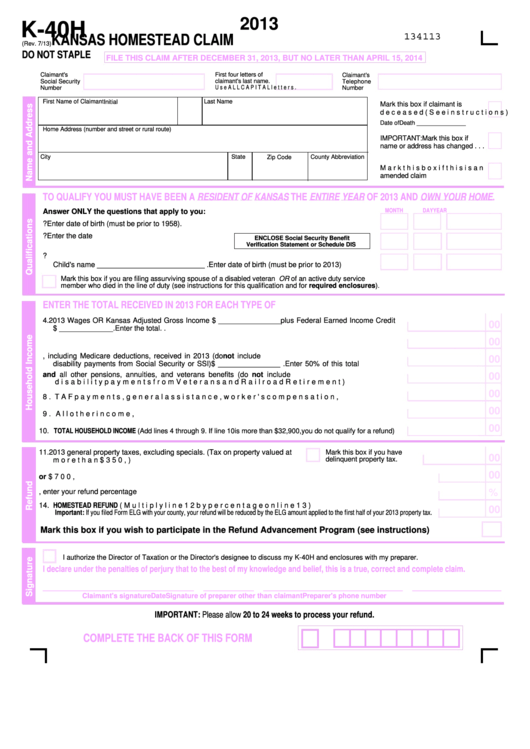 Fillable Form K-40h - Kansas Homestead Claim 2013 Printable pdf