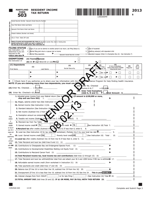 Form 503 Draft - Resident Income Tax Return - 2013 Printable pdf