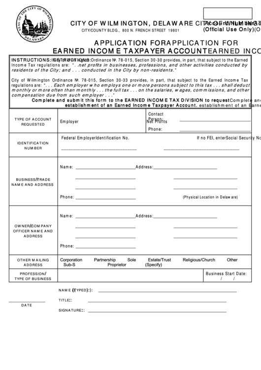 Application For Earned Income Taxpayer Account - City Of Wilmington Printable pdf