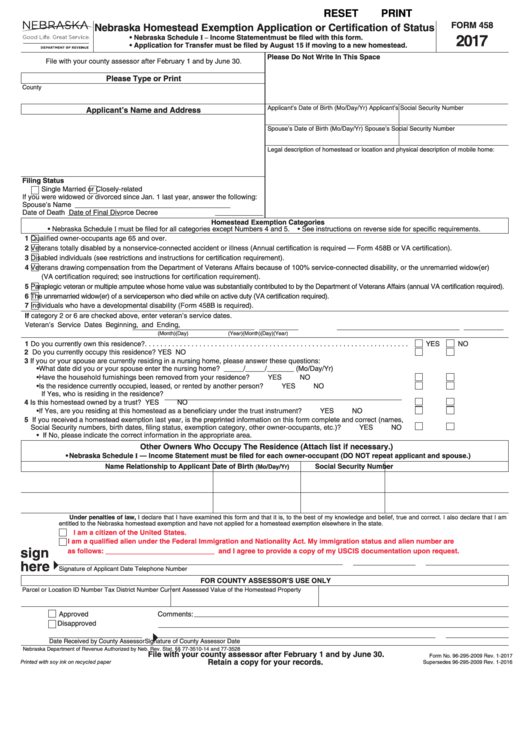 Fillable Form 458 - Nebraska Homestead Exemption Application Or Certification Of Status - 2017 Printable pdf