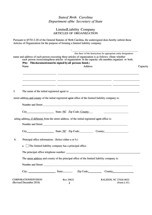 Fillable Form L-01 - Limited Liability Company Articles Of Organization Printable pdf