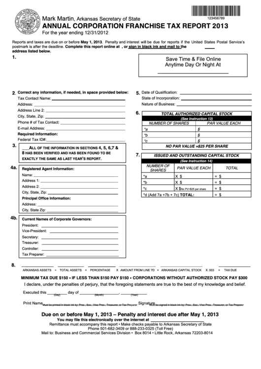 Annual Corporation Franchise Tax Report - Arkansas Secretary Of State - 2013 Printable pdf