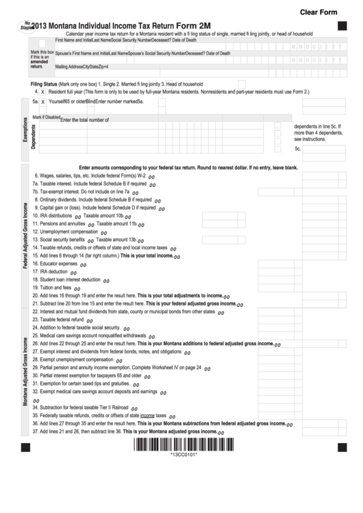 Fillable Form 2m - 2013 Montana Individual Income Tax Return Printable pdf