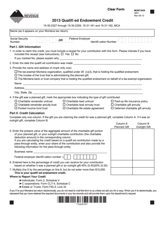 Fillable Montana Form Qec - Qualified Endowment Credit - 2013 Printable pdf