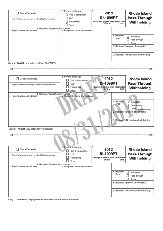 Form Ri-1099pt Draft - Rhode Island Pass-Through Withholding - 2012 Printable pdf