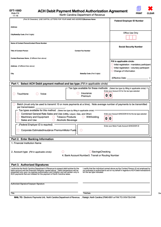 Fillable Form Eft-100d - Ach Debit Payment Method Authorization Agreement Printable pdf
