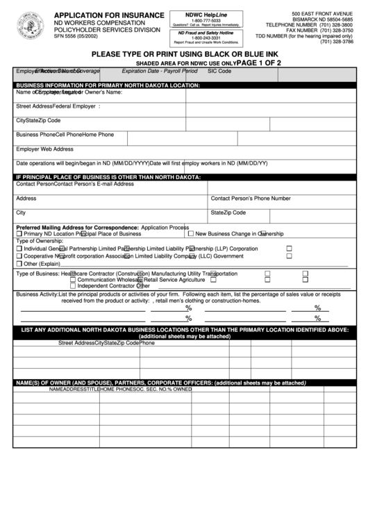 Form Sfn 5556 - Application For Insurance Printable pdf