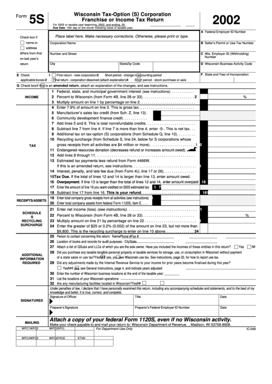 Form 5s - Wisconsin Tax-Option (S) Corporation Franchise Or Income Tax Return - 2002 Printable pdf