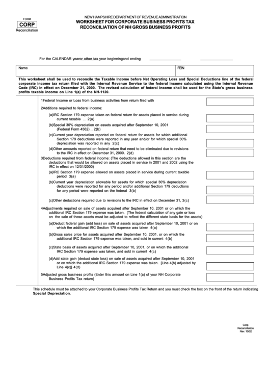Form Corp - Worksheet For Corporate Business Profits Tax Reconciliation Of Nh Gross Business Profits Printable pdf
