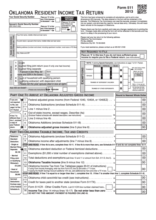 Fillable Form 511 - Oklahoma Resident Income Tax Return - 2013 Printable pdf
