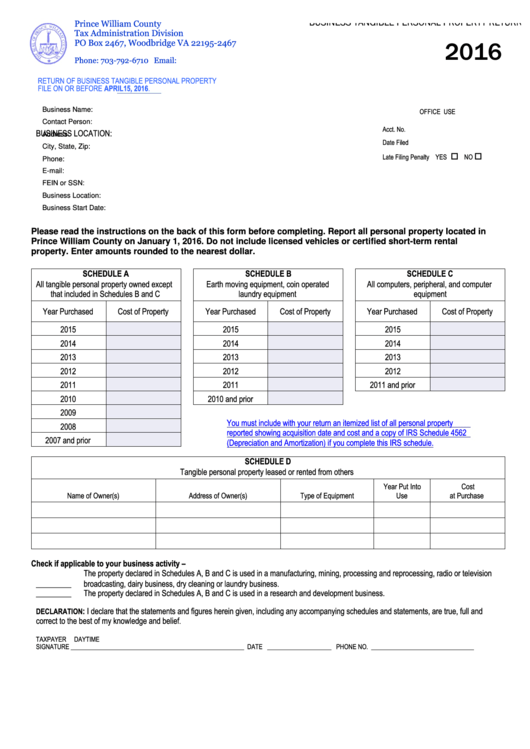 Business Tangible Property Return Prince William County Tax Administration Division 2016