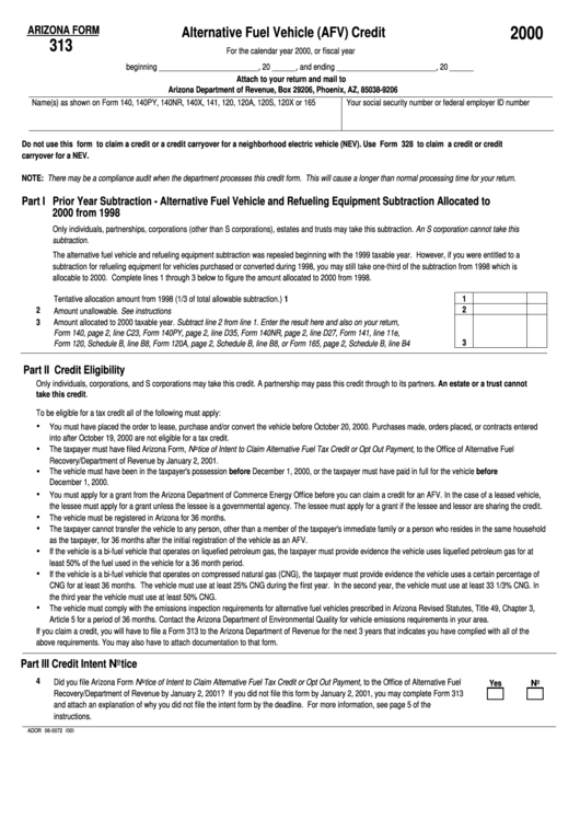 Form 313 - Alternative Fuel Vehicle (Afv) Credit - 2000 Printable pdf