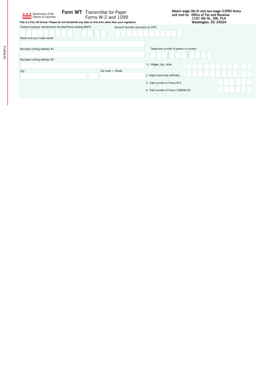 Fillable Form Wt - Transmittal For Paper Forms W-2 And 1099 Printable pdf