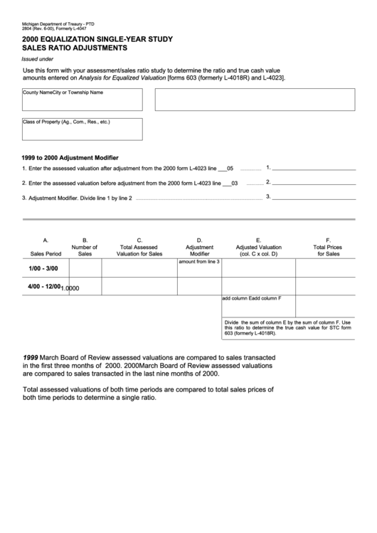 Form 2804 - 2000 Equalization Single-Year Study Sales Ratio Adjustments Printable pdf