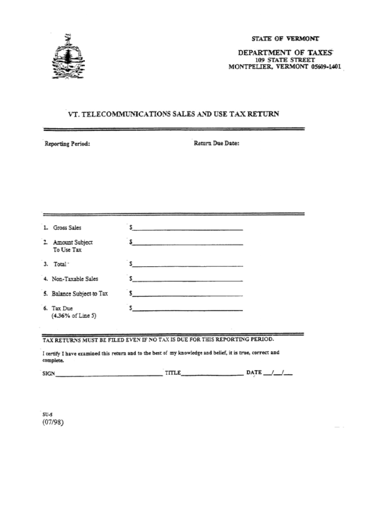 Form Su-S - Vt.telecommunications Sales And Use Tax Return - State Of Vermont Printable pdf