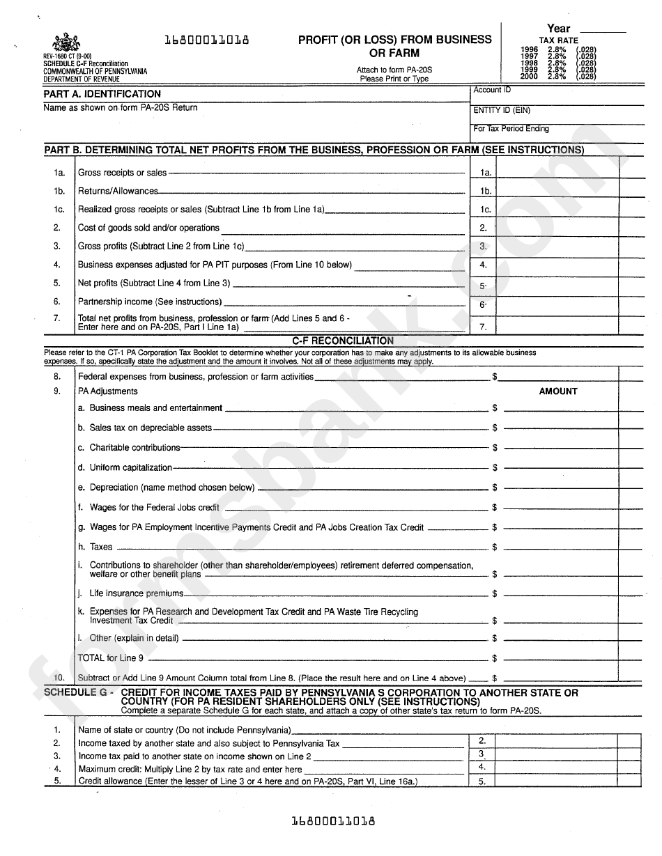 Form Rev-1680 Ct - Schedule C-F Reconciliation - Profit (Or Loss) From Business Or Farm
