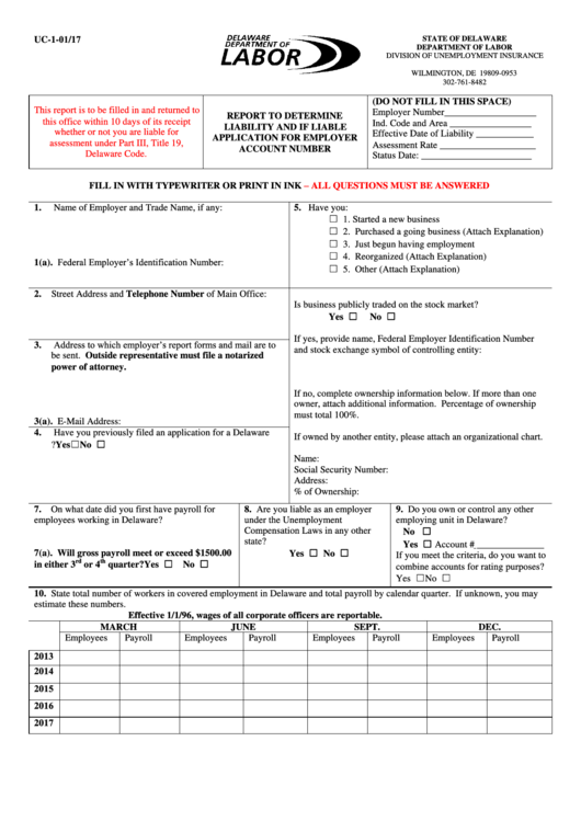 Form Uc-1 - Report To Determine Liability And If Liable Application For Employer Account Number - 2017 Printable pdf