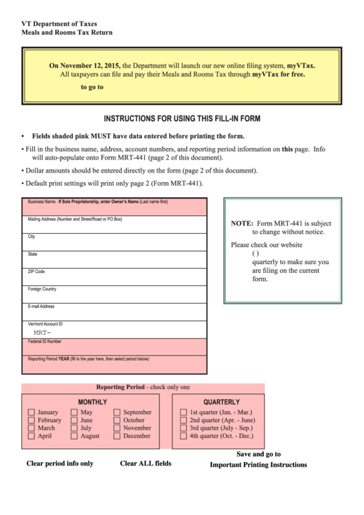 Fillable Form Mrt-441 - Meals And Rooms Tax Return Printable pdf