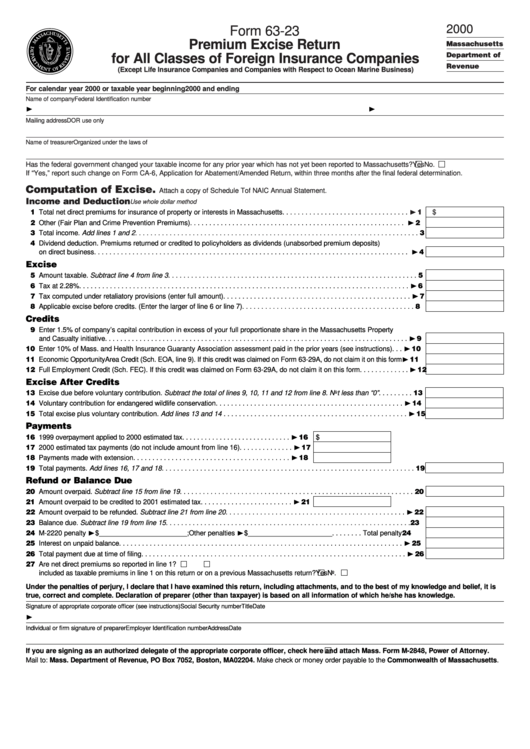 Fillable Form 63-23 - Premium Excise Return For All Classes Of Foreign Insurance Companies - 2000 Printable pdf