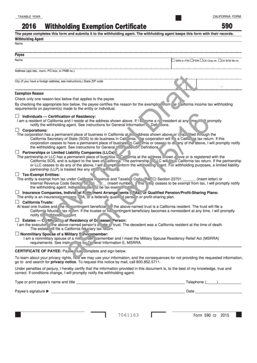 California Form 590 Draft - Withholding Exemption Certificate - 2016 Printable pdf