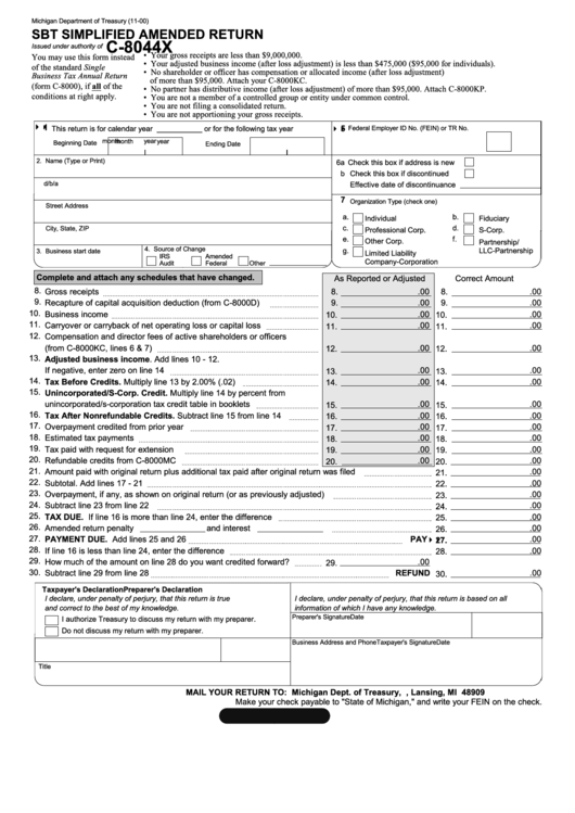 Form C-8044x - Sbt Simplified Amended Return - 2000 Printable pdf