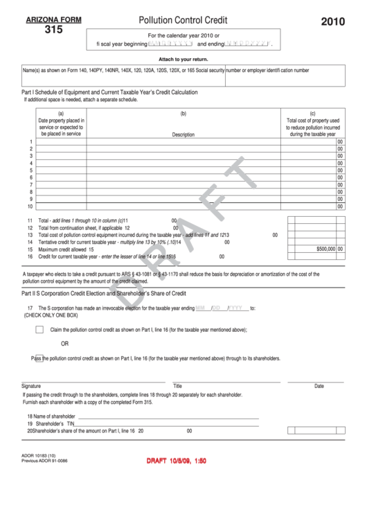Arizona Form 315 Draft - Pollution Control Credit - 2010 Printable pdf