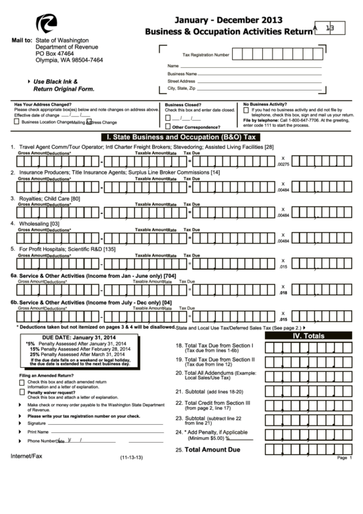 Form A-13 - Business & Occupation Activities Return - 2013 Printable pdf