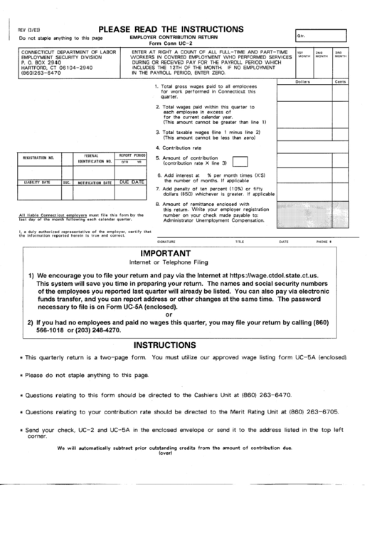 Form Conn Uc-2 - Employer Contribution Return Printable pdf