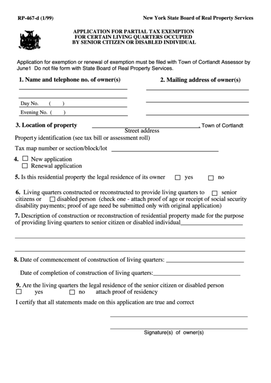 Form Rp-467-D - Application For Partial Tax Exemption For Certain Living Quarters Occupied By Senior Citizen Or Disabled Individual Printable pdf