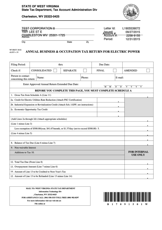 Form Wv/bot-301e - Annual Business & Occupation Tax Return For Electric Power Printable pdf