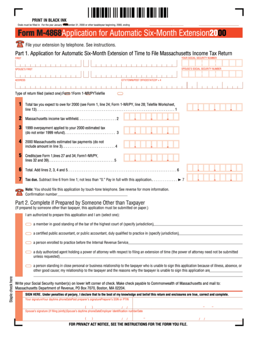 Form M 4868 Application For Automatic Six Month Extension 2000