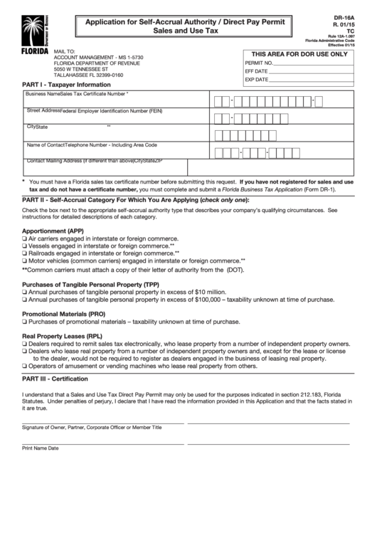 Form Dr-16a - Application For Self-Accrual Authority / Direct Pay Permit Sales And Use Tax 2015 Printable pdf